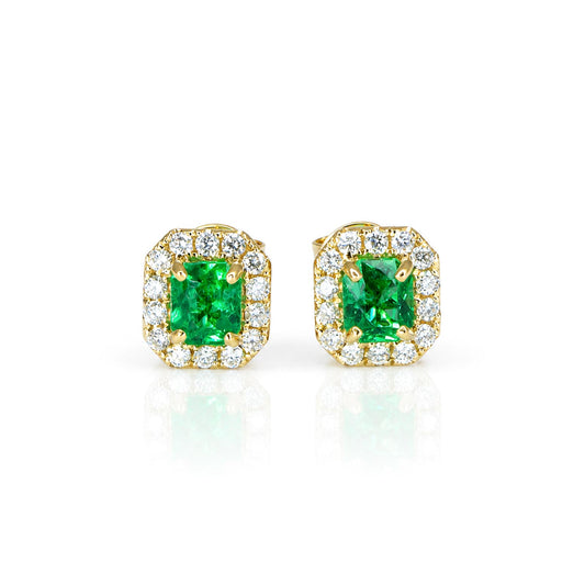 A pair of natural Colombian emerald stud earrings in yellow gold that feature emerald cut emeralds and a halo of round brilliant cut diamonds in a white background