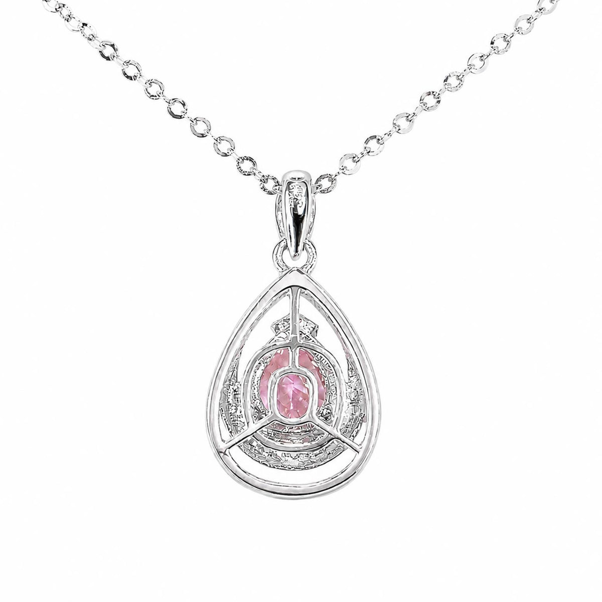 A platinum teardrop pendant necklace featuring a central padparadscha sapphire gemstone surrounded by small clear diamonds, suspended from a delicate silver chain on a white background.
