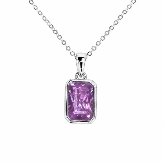 A platinum pendant necklace featuring a rectangular emerald-cut purple sapphire in a polished platinum bezel setting, suspended from a delicate silver chain against a plain white background.