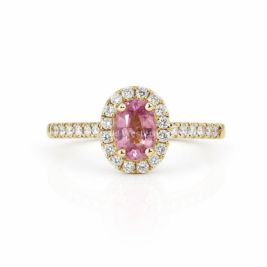 Natural Ceylon padparadscha sapphire ring with diamond halo in 18K yellow gold