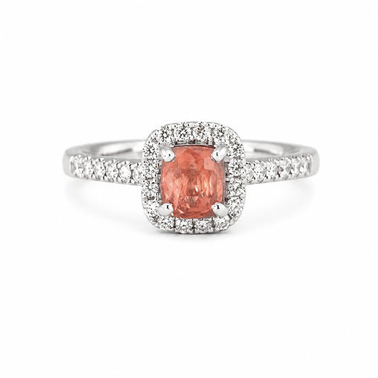 Natural unheated padparadscha sapphire halo ring in platinum 950