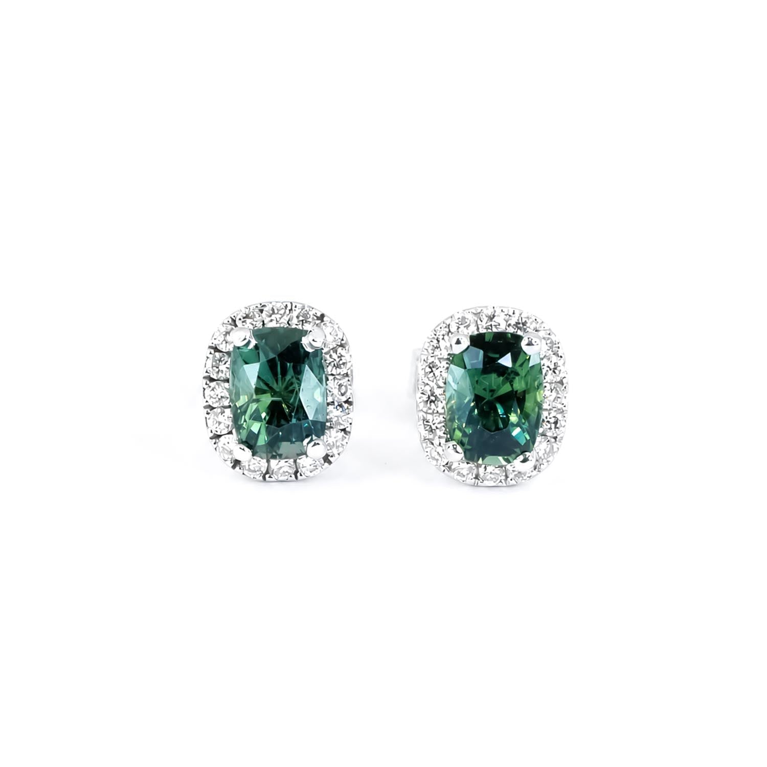 Natural unheated teal sapphire and diamond stud earrings in 18K white gold