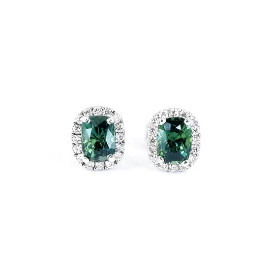 Natural unheated teal sapphire and diamond stud earrings in 18K white gold