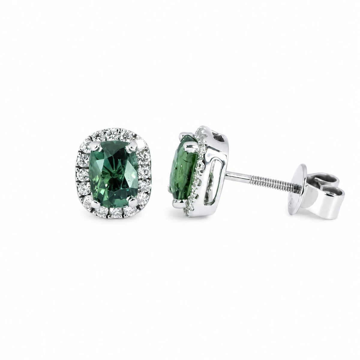Teal sapphire diamond studs showing screw-back fastening in 18K white gold