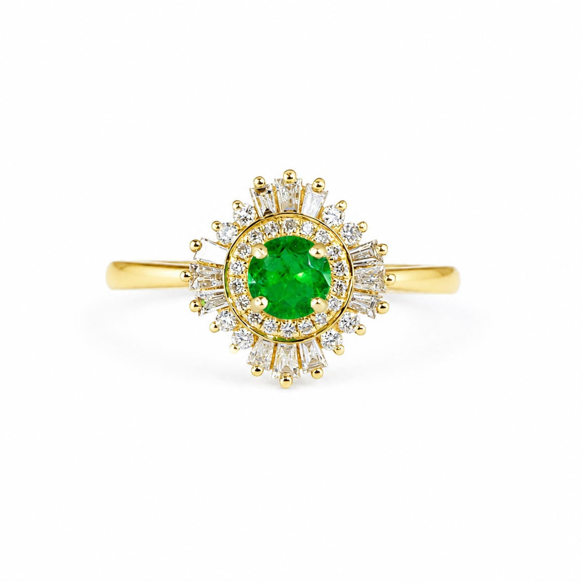 Art deco style Colombian emerald ring with diamond halo in 18K yellow gold