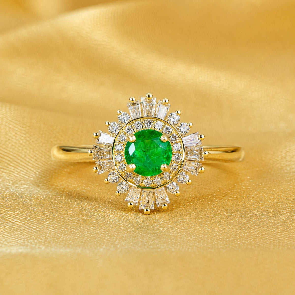 Colombian emerald ring displaying diamond halo detail in 18K yellow gold