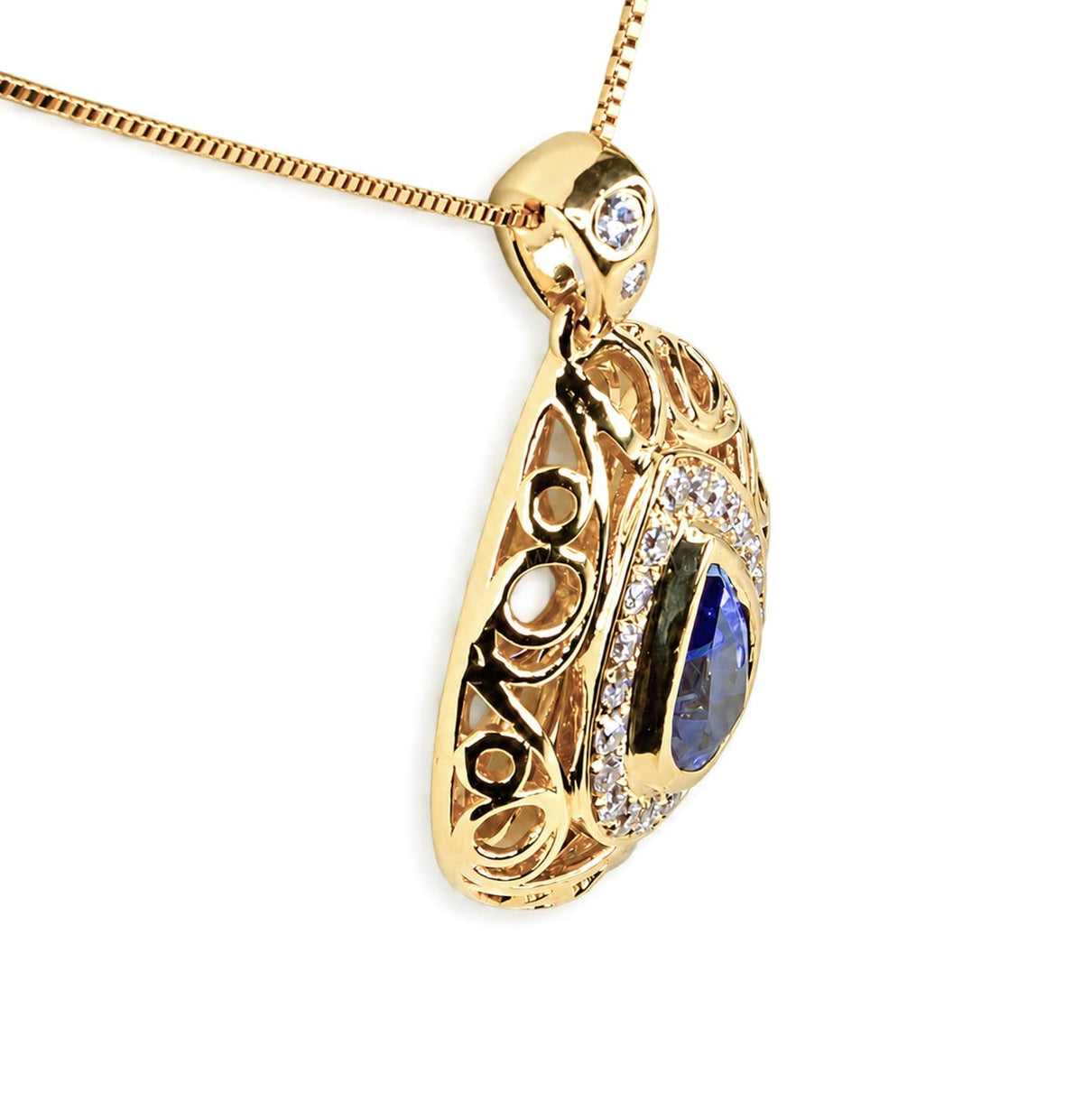 Side view of blue sapphire diamond halo pendant in 18K yellow gold