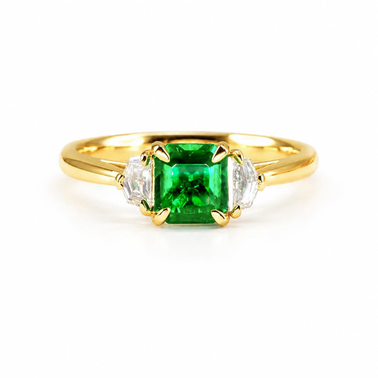 Emerald Cut Colombian Emerald and Cadillac Diamond Three Stone Ring in 18K Yellow Gold – front view