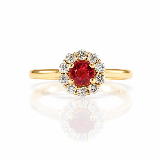 Natural Round Ruby Halo Ring in 18K Yellow Gold – front view
