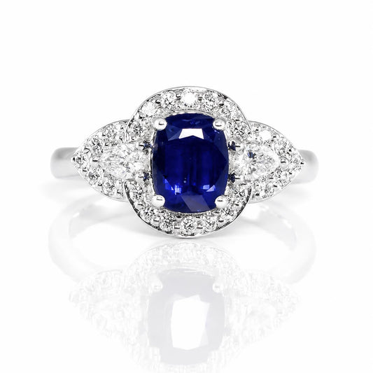 Natural Blue Sapphire and Diamonds Cluster Ring – front view