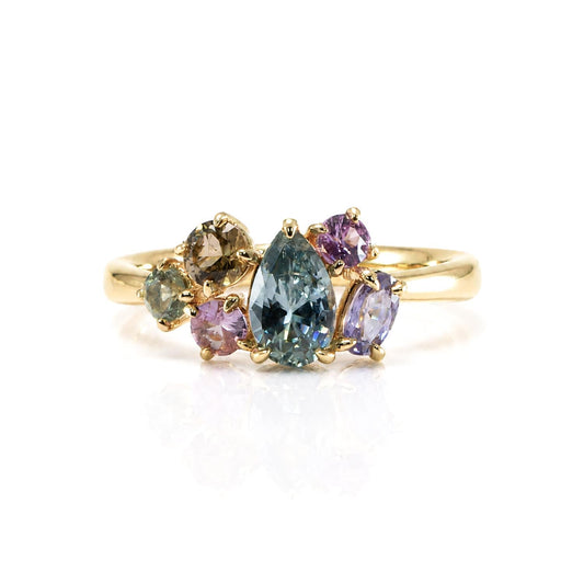 Pear Shape Teal Sapphire in 18K Yellow Gold Asymmetrical Ring – front view