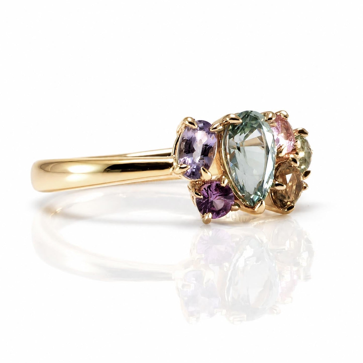 Pear Shape Teal Sapphire in 18K Yellow Gold Asymmetrical Ring – side view