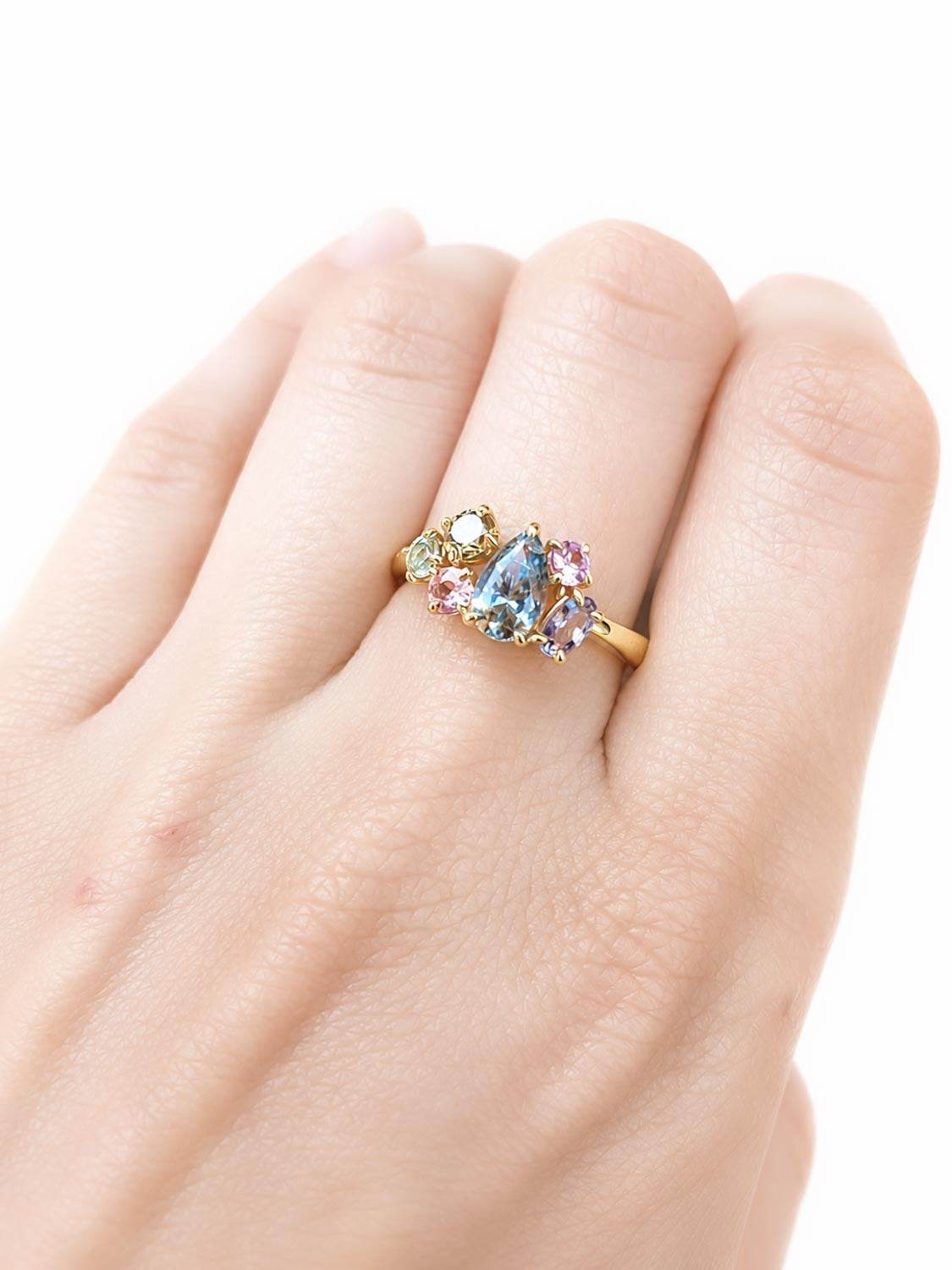 Pear Shape Teal Sapphire in 18K Yellow Gold Asymmetrical Ring – top view