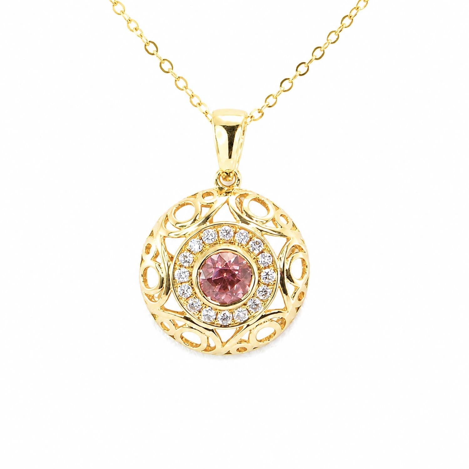 Natural Pink Sapphire Halo Pendant – front view