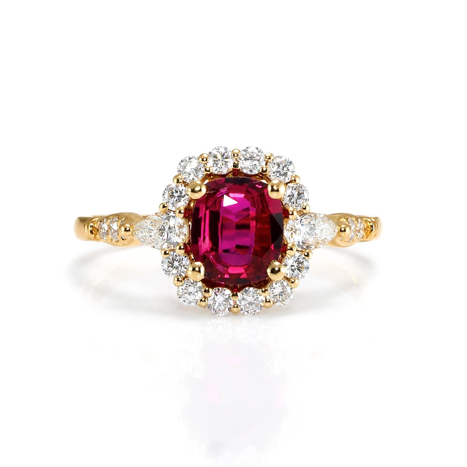 Natural Ruby Ring with Pear-Shaped Diamonds – front view