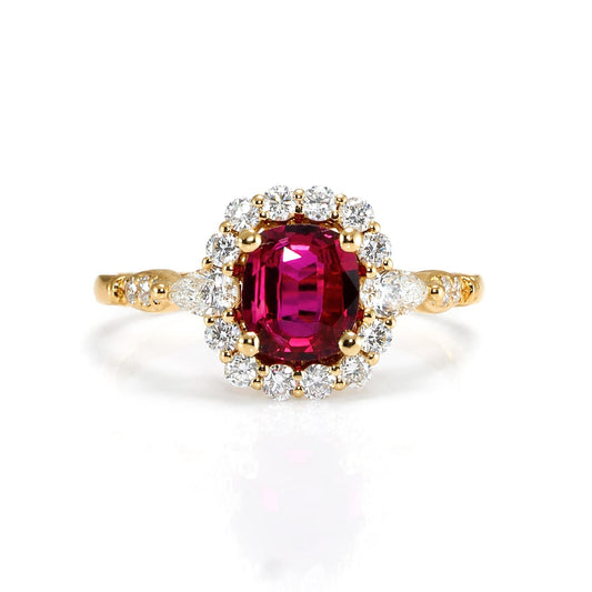 Natural Ruby Ring with Pear-Shaped Diamonds – front view