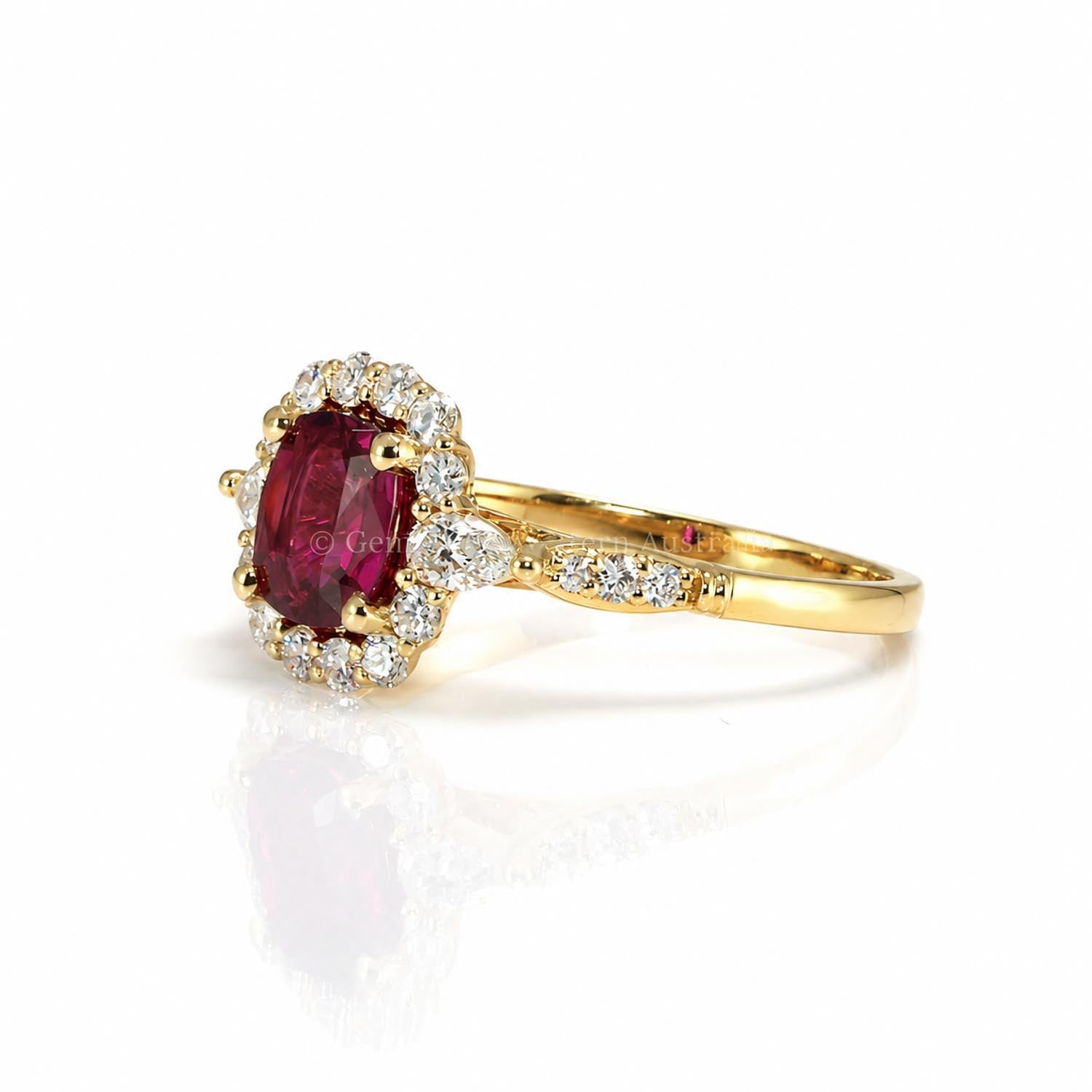 Natural Ruby Ring with Pear-Shaped Diamonds – side view