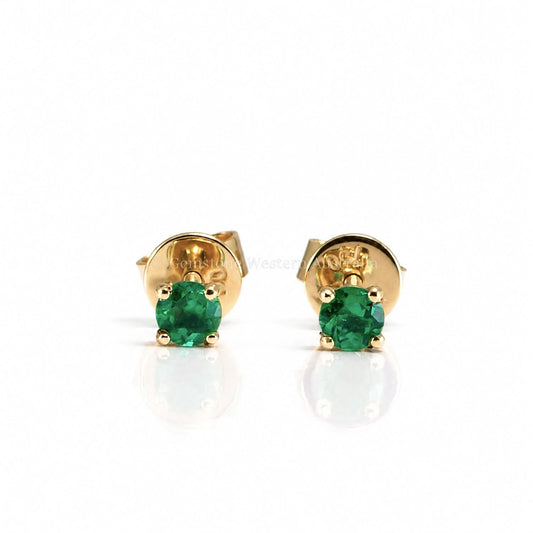 Petite Round Natural Colombian Emerald Stud Earrings – front view
