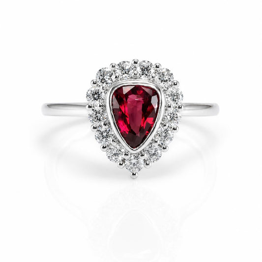 1 Carat Pear Mixed-Cut Ruby Halo Ring – front view