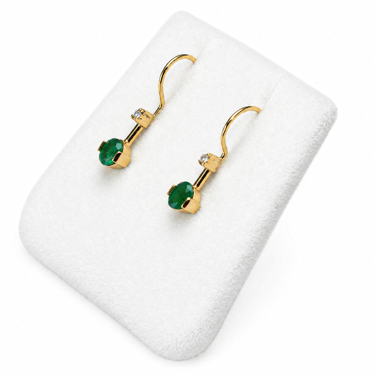 Dangling Diamond and Emerald Earrings – front view