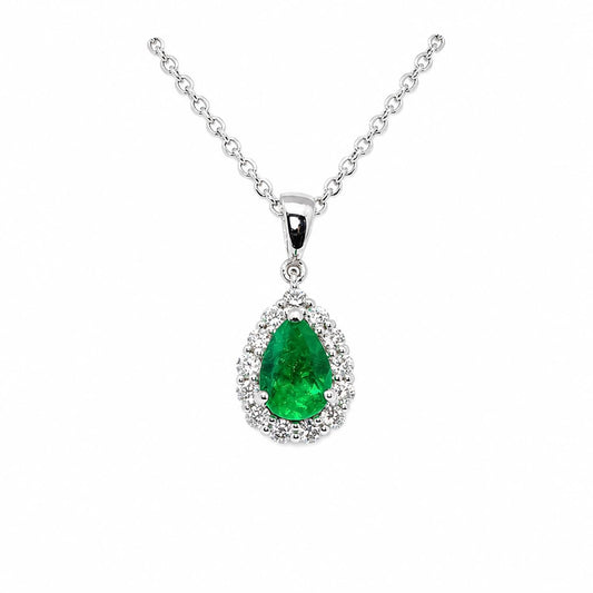 Natural Colombian Emerald and Diamond Halo Pendant – front view