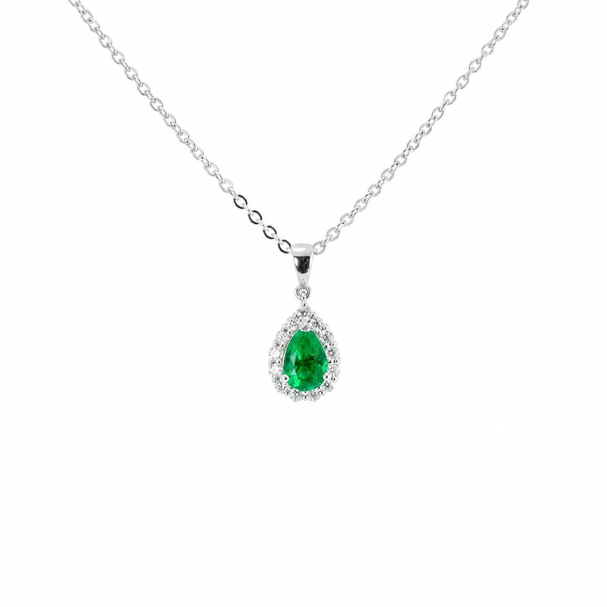 Natural Colombian Emerald and Diamond Halo Pendant – detail view