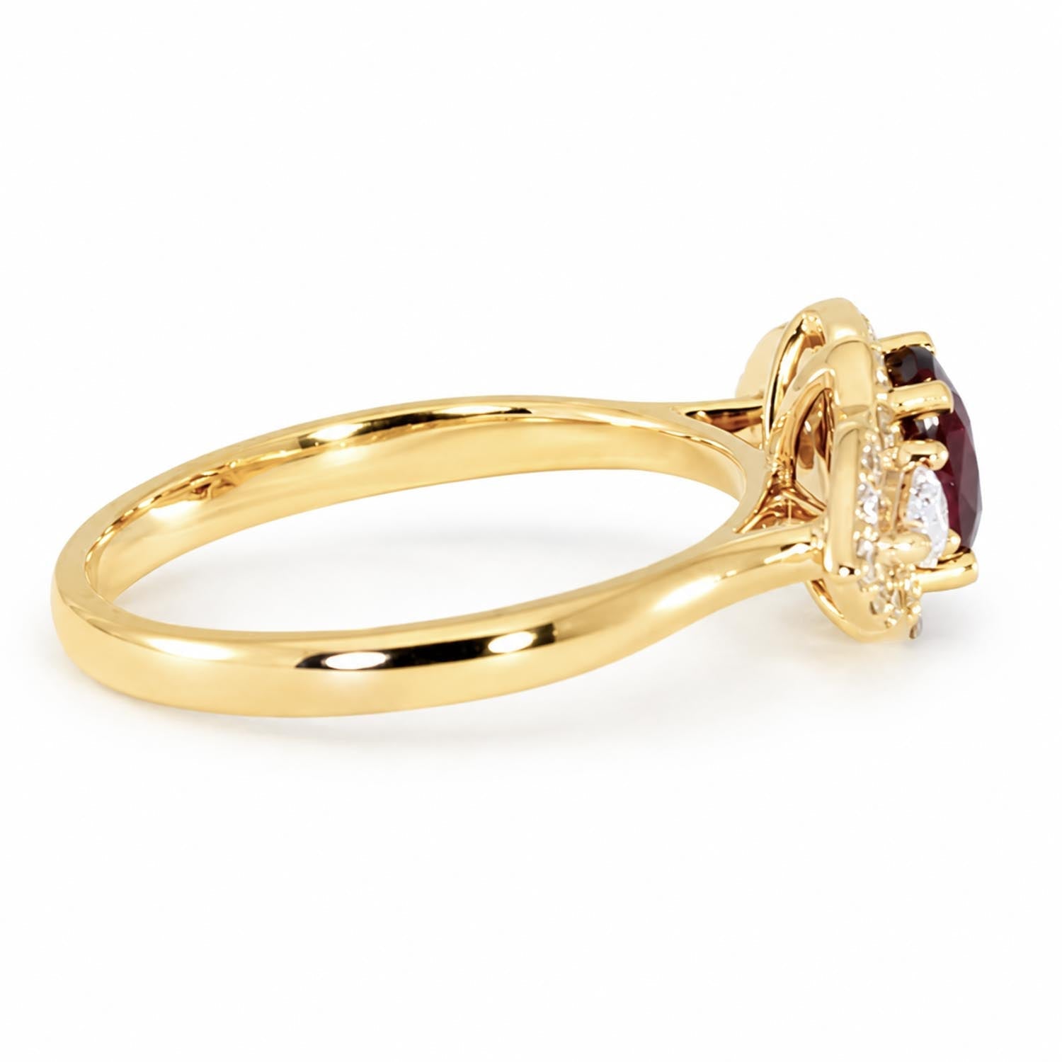 1 Carat Cushion Cut Ruby and Diamond Halo Ring – side view