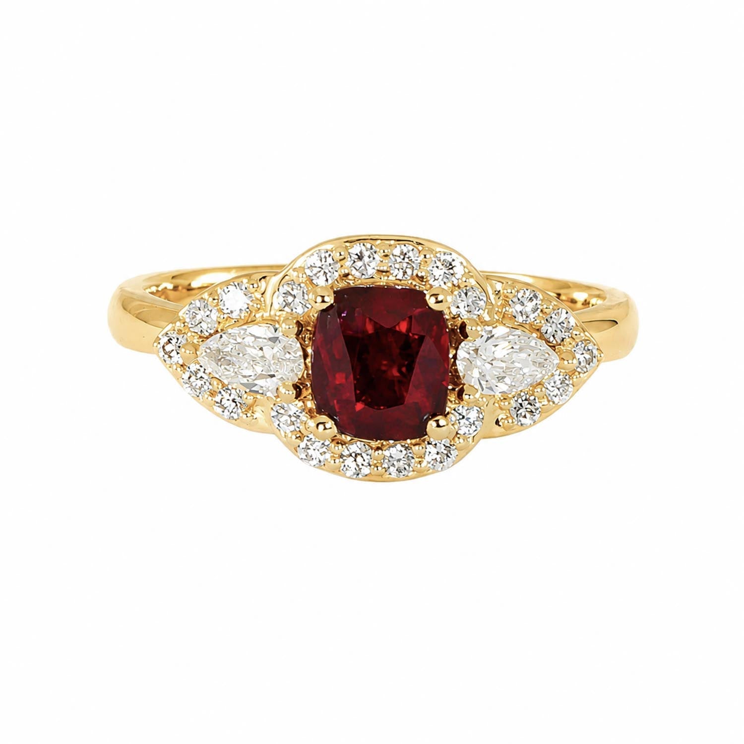 1 Carat Cushion Cut Ruby and Diamond Halo Ring – detail view