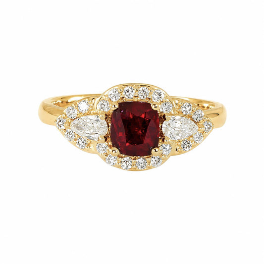 1 Carat Cushion Cut Ruby and Diamond Halo Ring – detail view