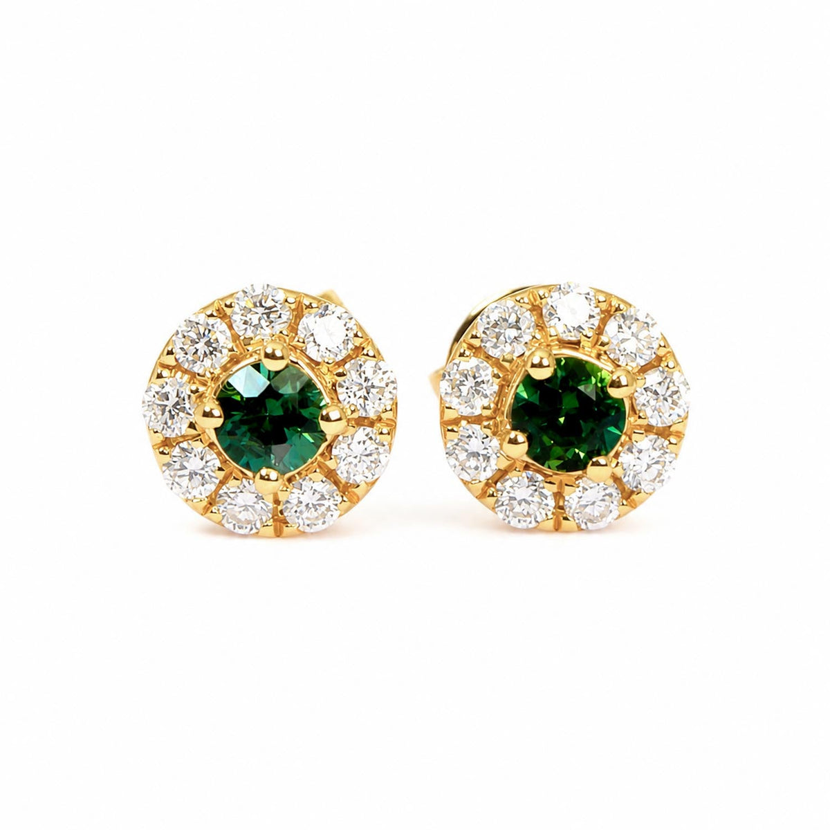 Australian Teal Sapphire Stud Earrings with Diamond Halo in 18K Yellow Gold