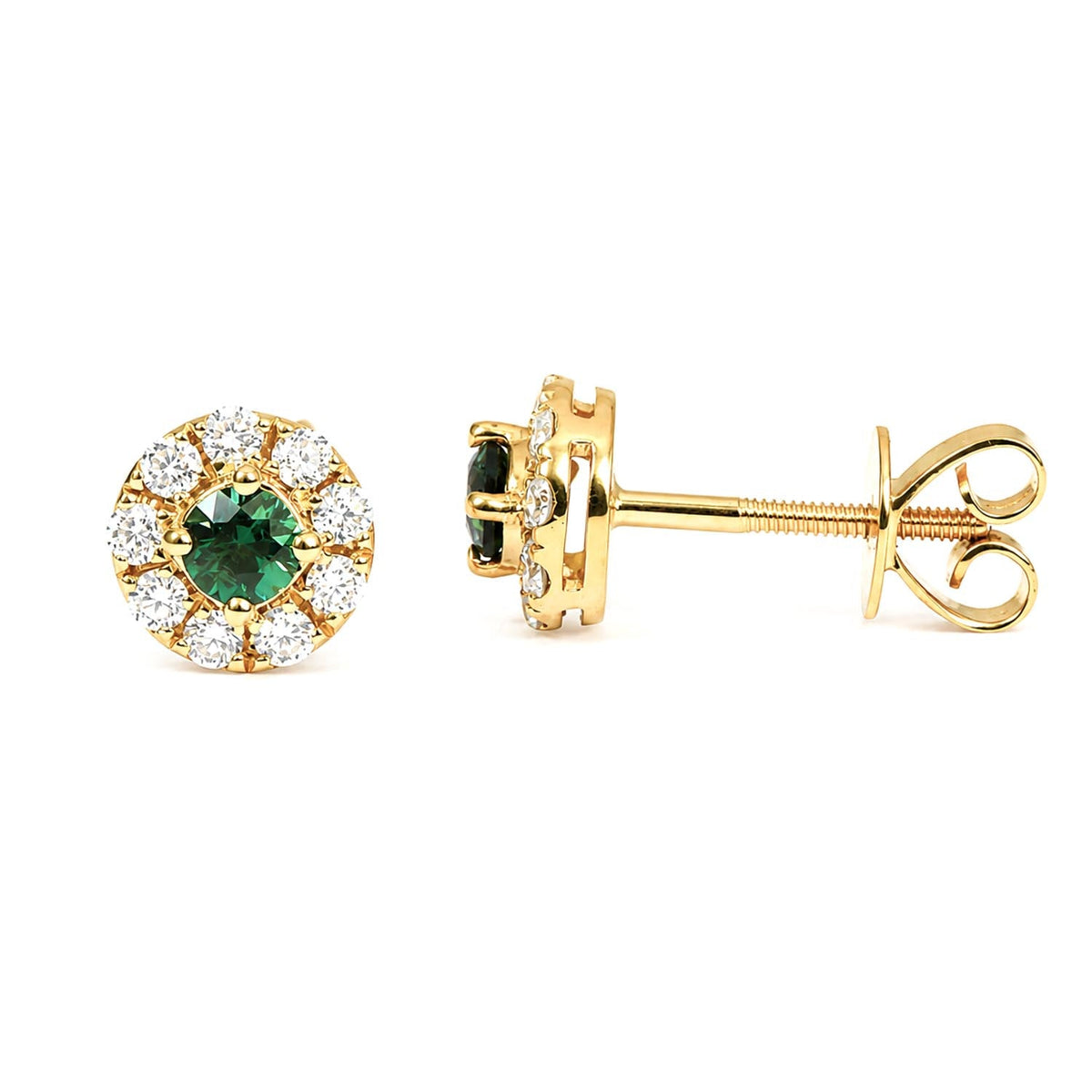 Australian Teal Sapphire Stud Earrings with Diamond Halo in 18K Yellow Gold