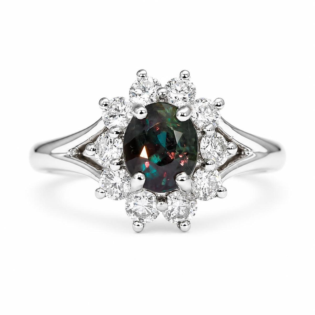 Platinum Ring with 1.98ct Oval Alexandrite & Diamond Halo - VVS Clarity