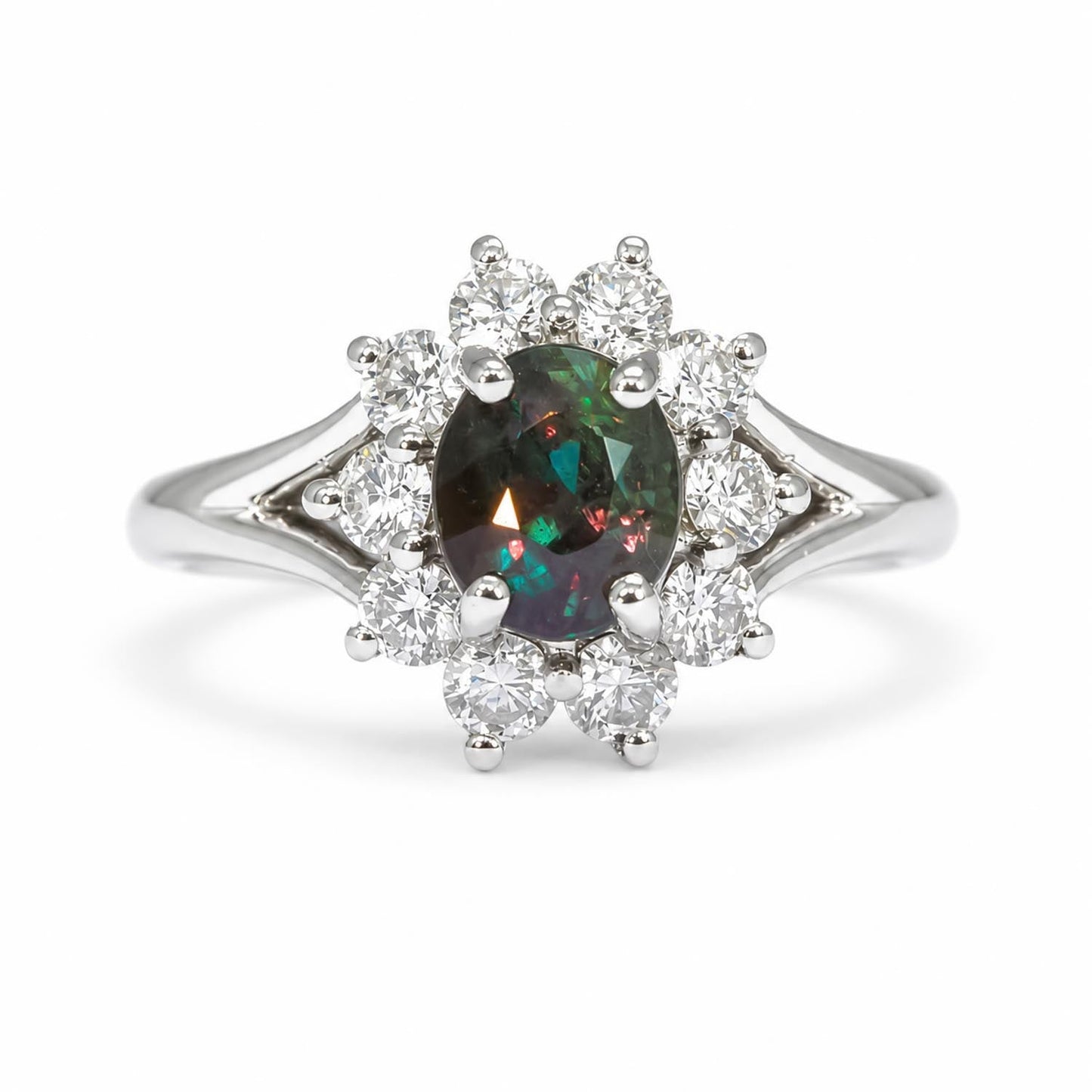 Platinum Ring with 1.98ct Oval Alexandrite & Diamond Halo - VVS Clarity