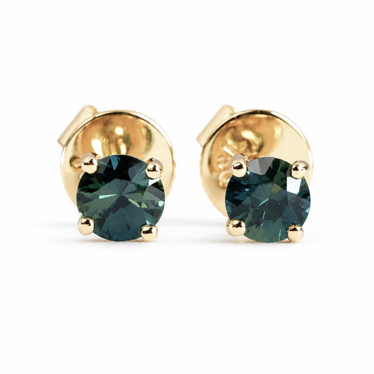 Australian Teal Sapphire Stud Earrings in 18K Yellow Gold - 0.53ct Round Cut