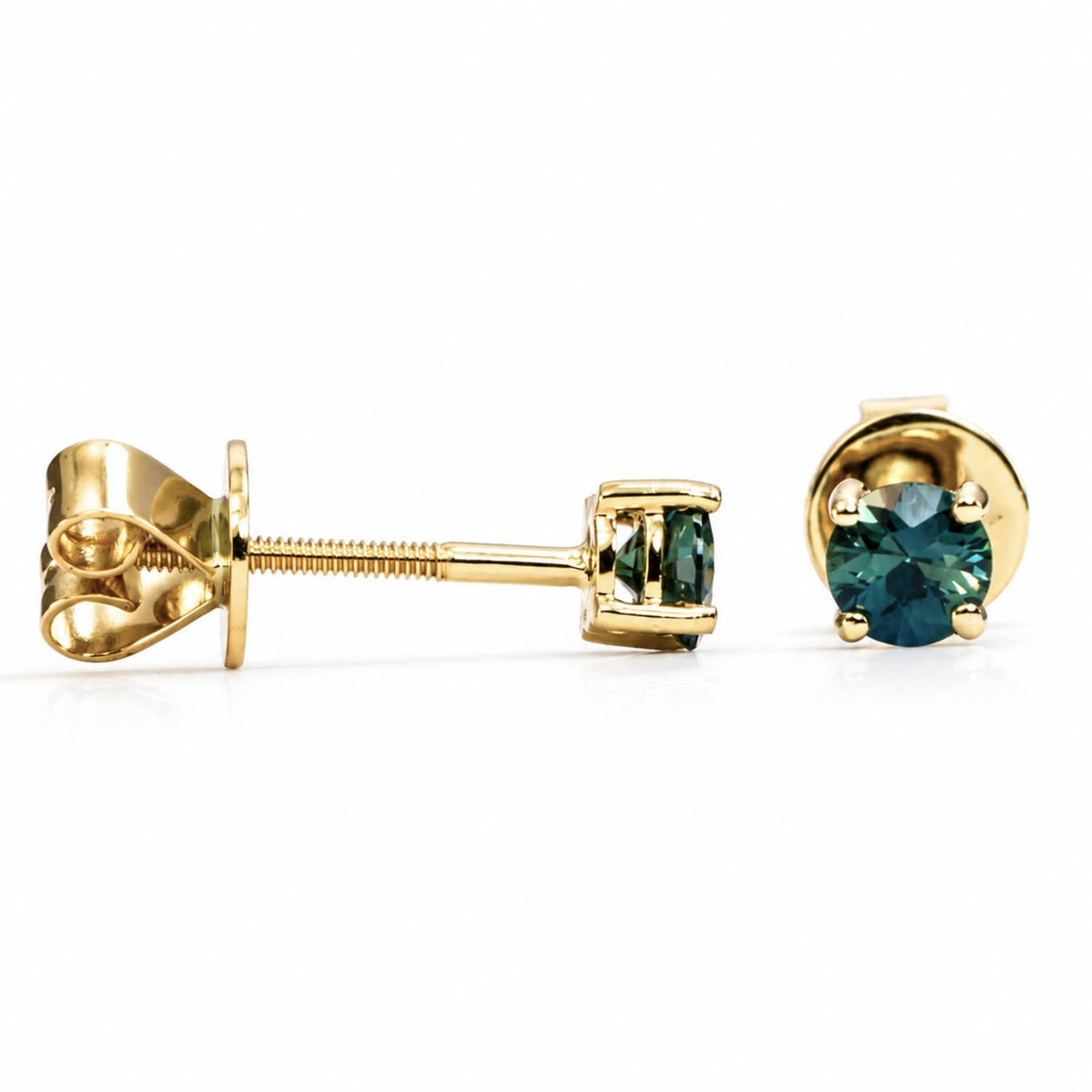 Australian Teal Sapphire Stud Earrings in 18K Yellow Gold - 0.53ct Round Cut