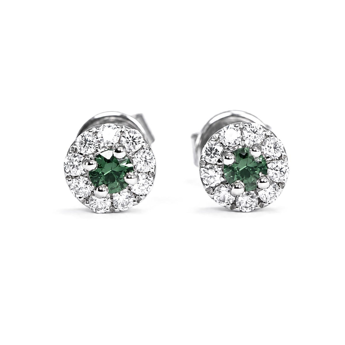 Natural Teal Sapphire Stud Earrings in 9K White Gold with Moissanite Halo