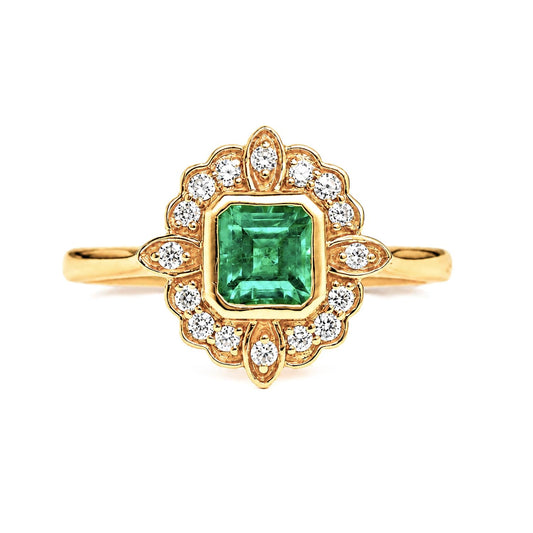 Art Deco Inspired Colombian Emerald Ring with Diamond Halo in 18K Yellow Gold