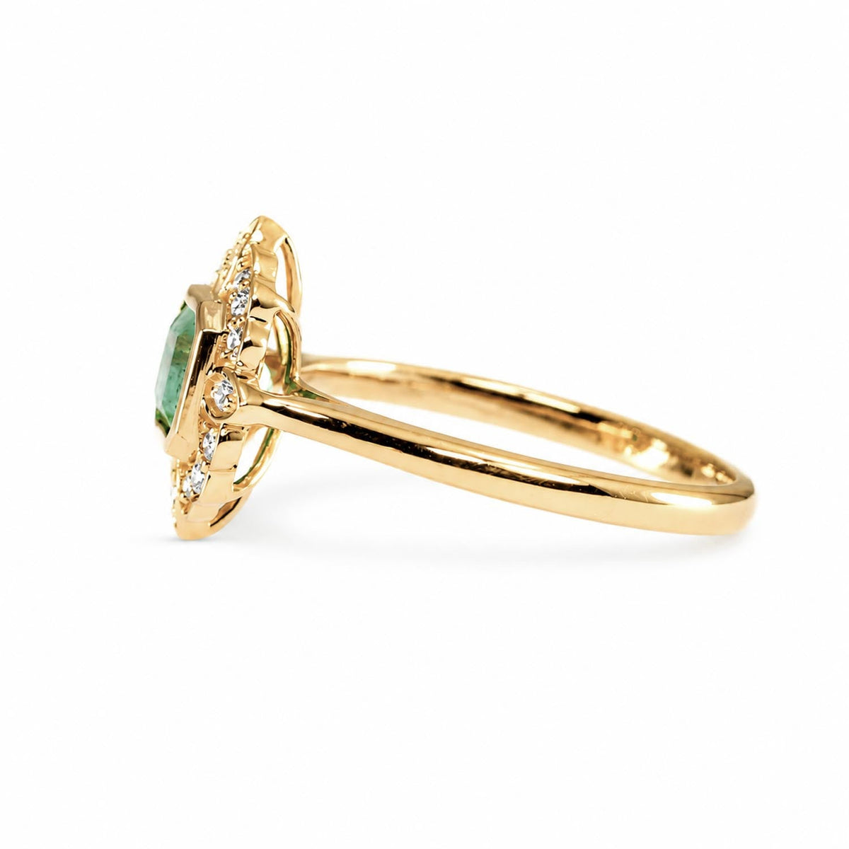 Art Deco Inspired Colombian Emerald Ring with Diamond Halo in 18K Yellow Gold