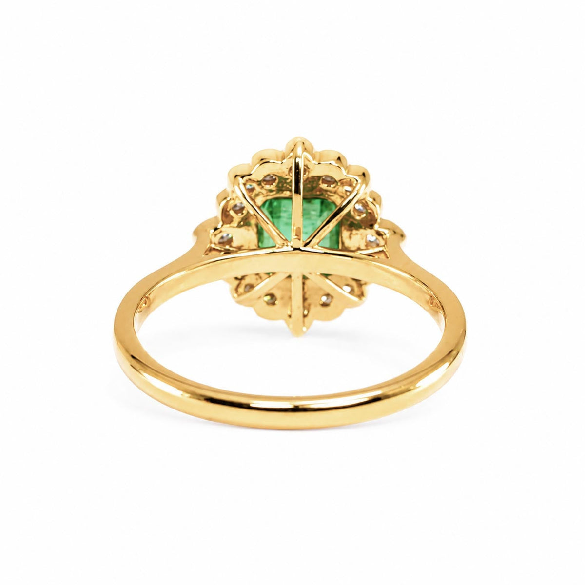 Art Deco Inspired Colombian Emerald Ring with Diamond Halo in 18K Yellow Gold