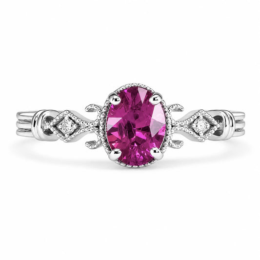Oval Cut Pink Sapphire and Diamond Ring in Platinum 950 with Filigree Detail