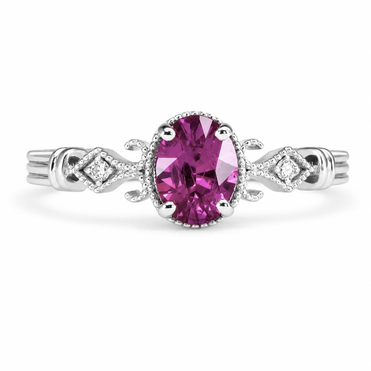 Oval Cut Pink Sapphire and Diamond Ring in Platinum 950 with Filigree Detail