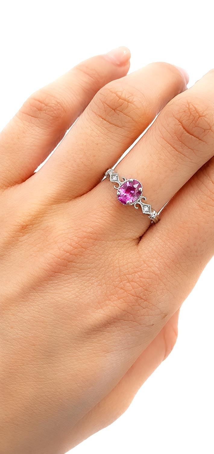 Oval Cut Pink Sapphire and Diamond Ring in Platinum 950 with Filigree Detail