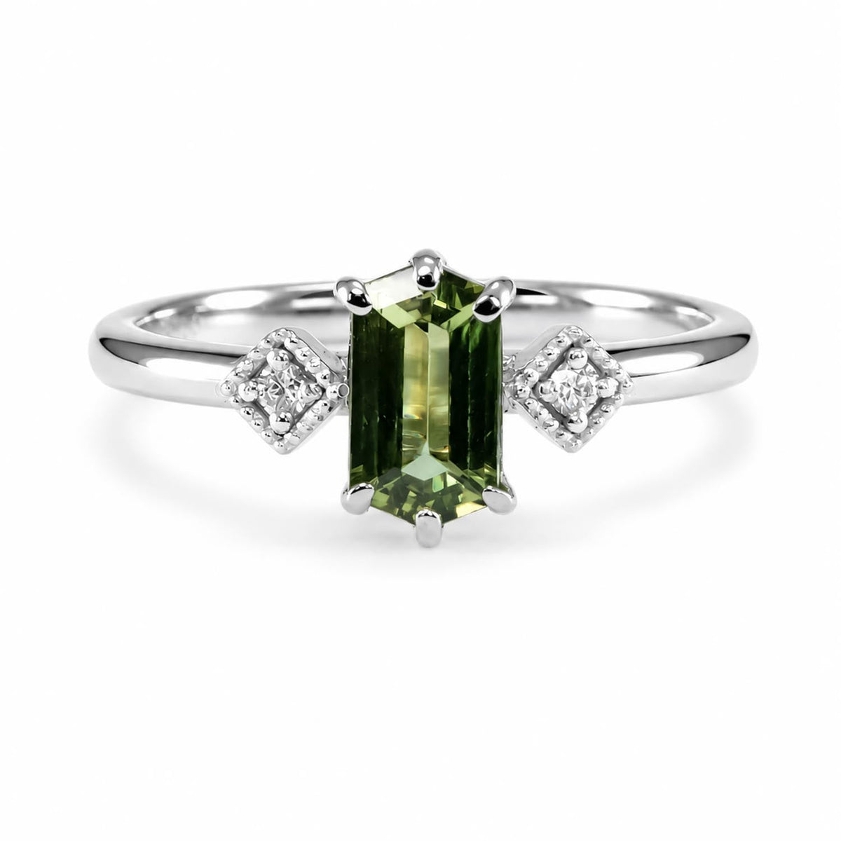 0.81ct Natural Party Green Sapphire Hexagonal Ring in Platinum with Diamonds