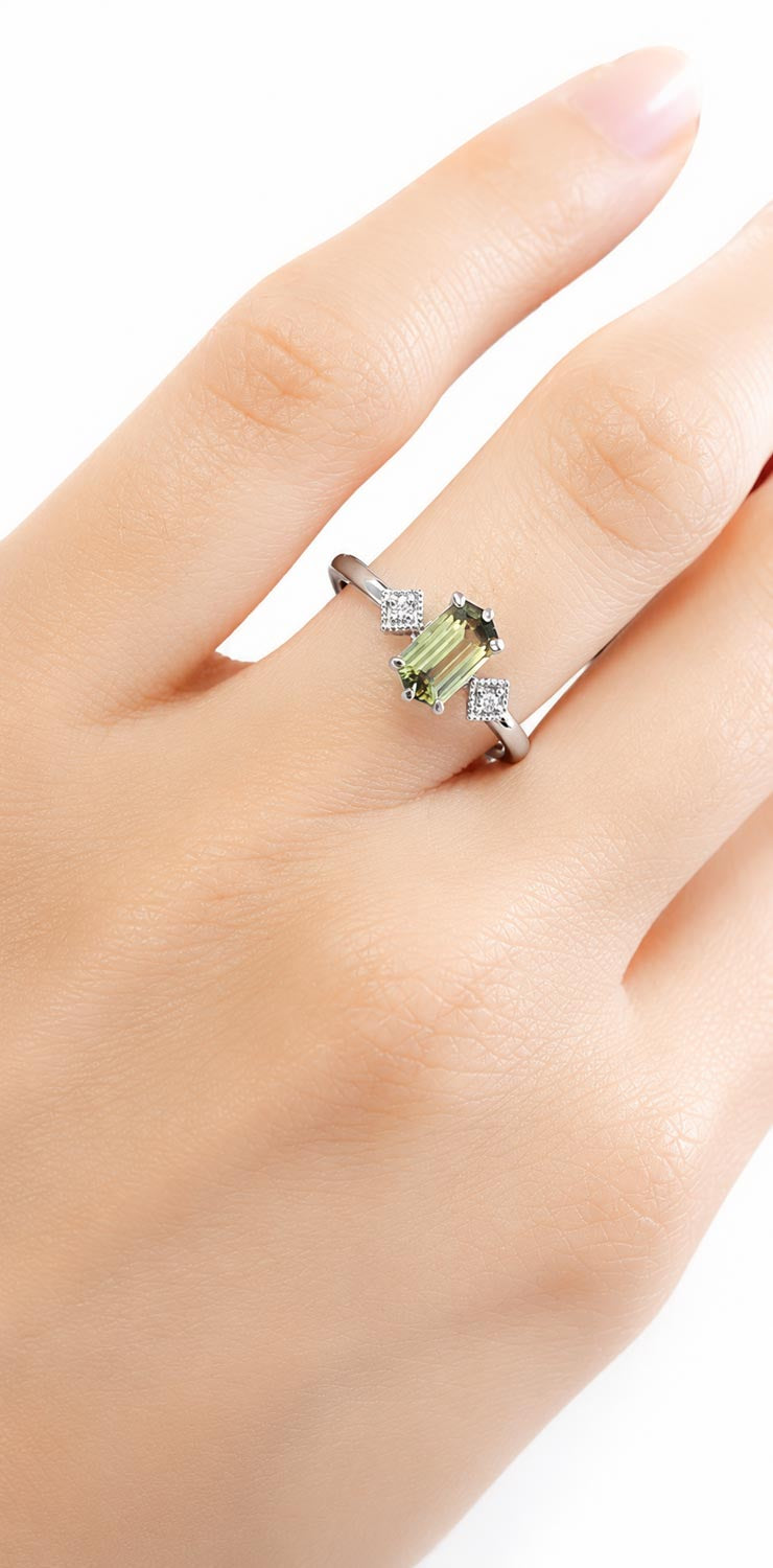 0.81ct Natural Party Green Sapphire Hexagonal Ring in Platinum with Diamonds