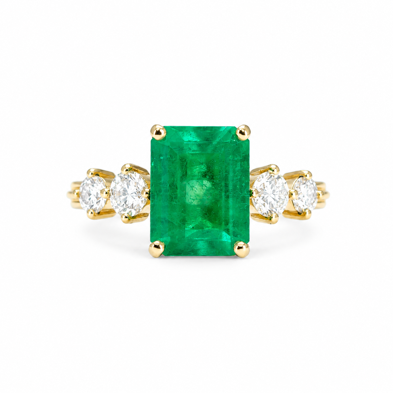 front view of 2.29ct Natural Colombian Emerald Ring with GIA Diamonds in white background 