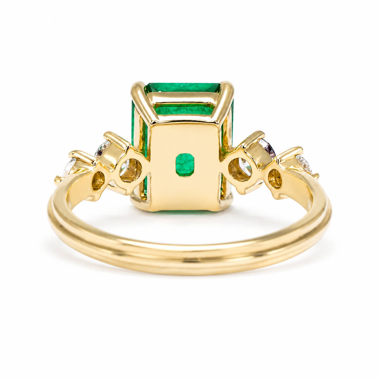 back view of 2.29ct Natural Colombian Emerald Ring with GIA Diamonds in white background 