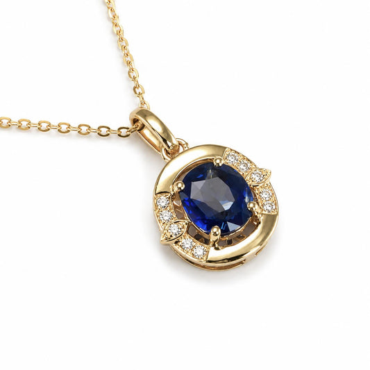 1.57ct Natural Blue Sapphire Pendant Necklace with Diamond Accents in 18K Yellow Gold