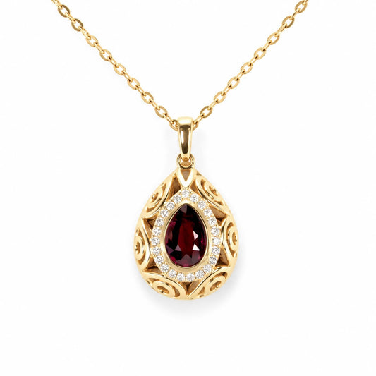Pear Shape Unheated Ruby Pendant with Diamond Halo in Elegant Drop Design