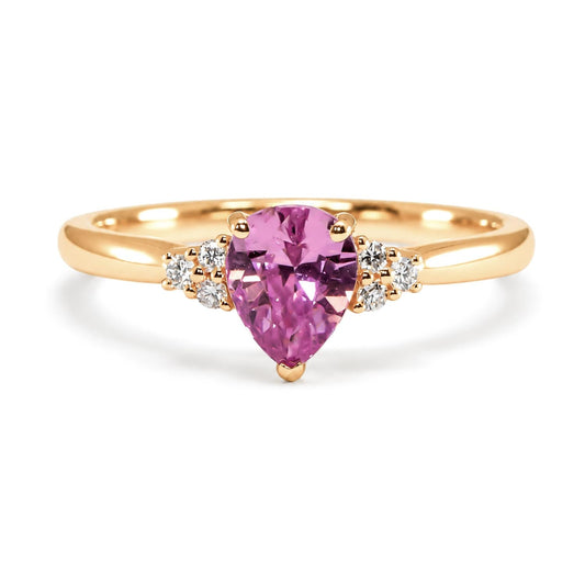 Unheated Pear Cut Pink Sapphire Ring with Diamond Cluster in 18K Yellow Gold