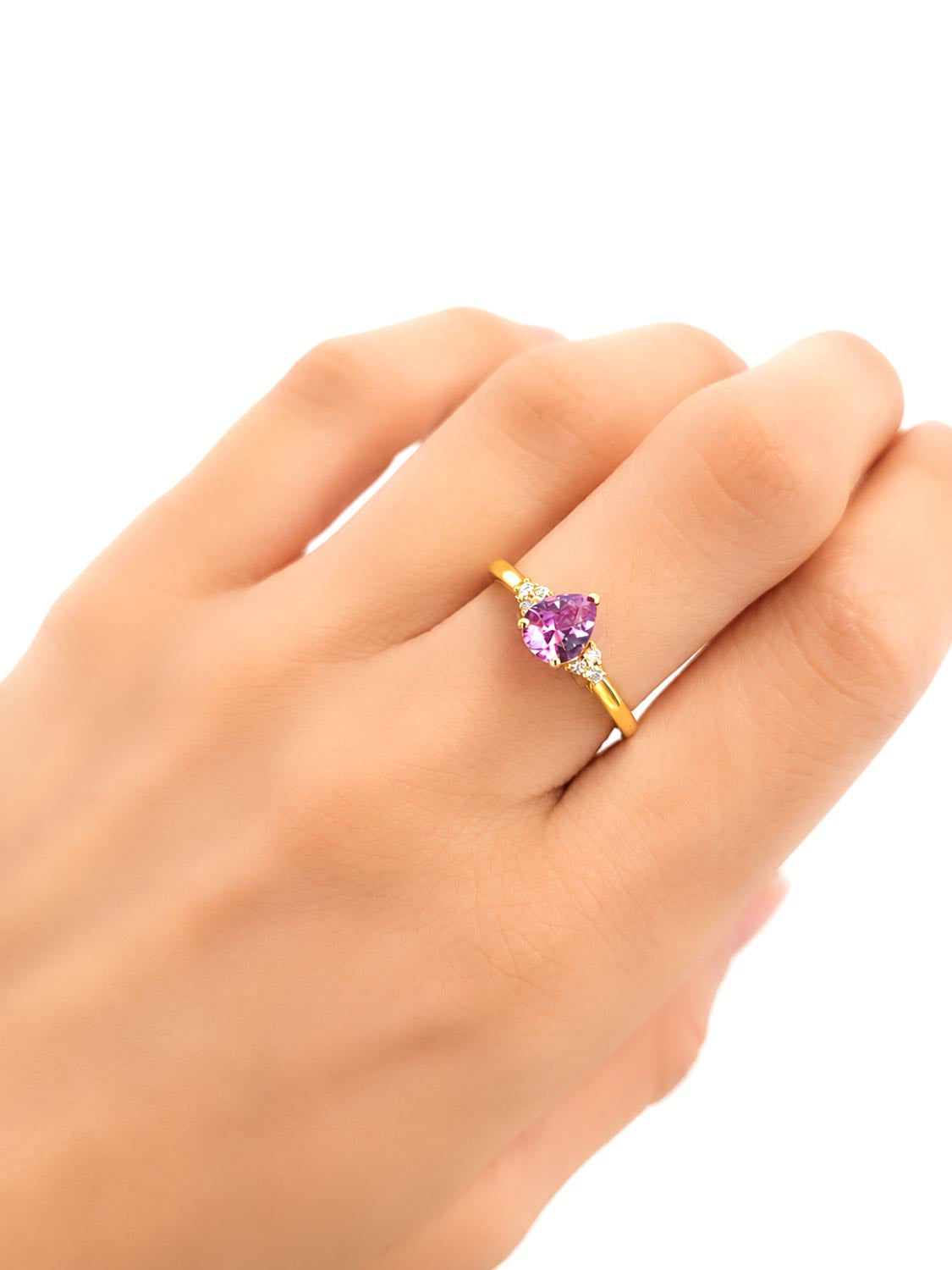 Unheated Pear Cut Pink Sapphire Ring with Diamond Cluster in 18K Yellow Gold